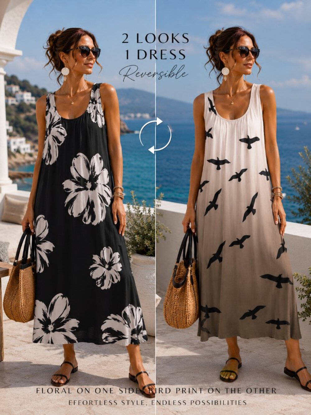 Women’s Reversible Floral/Bird Print Ombre Midi Dress M/L Sleeveless Black White